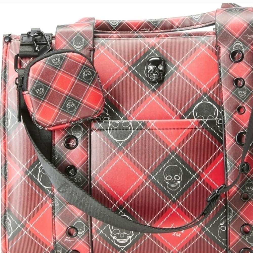 ❤️🔹️BETSEY JOHNSON🔹️ red Plaid Skull Tote w/ coin pouch XOLOLO - Picture 5 of 12